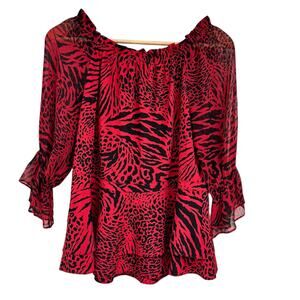 Alice and Olivia Silk Blouse Top Size XS Red Black Animal Print